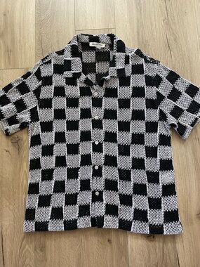 Urban outfitters crochet knit checkered camp shirt beach mens L boxy excellent